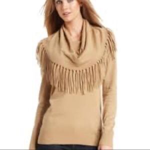 Micheal Kors Camel Cowl Fringe Neck Sweater Cotton Angora Blend Womens Sz L